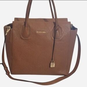 Michael Kors Mercer Brown Pebble Leather Tote Bag With Charm Large Crossbody GUC